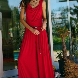 Free People Red Draped Wide-Leg Jumpsuit